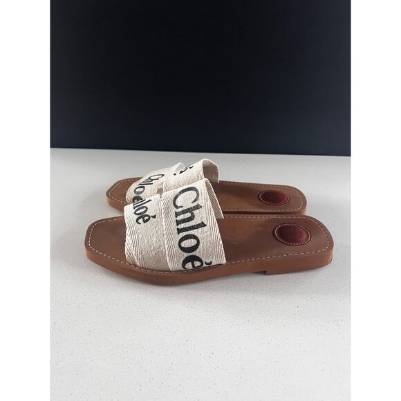 Chloe Woody Flat Logo white Ribbon Slide Sandals Size 39 - Picture 3 of 9